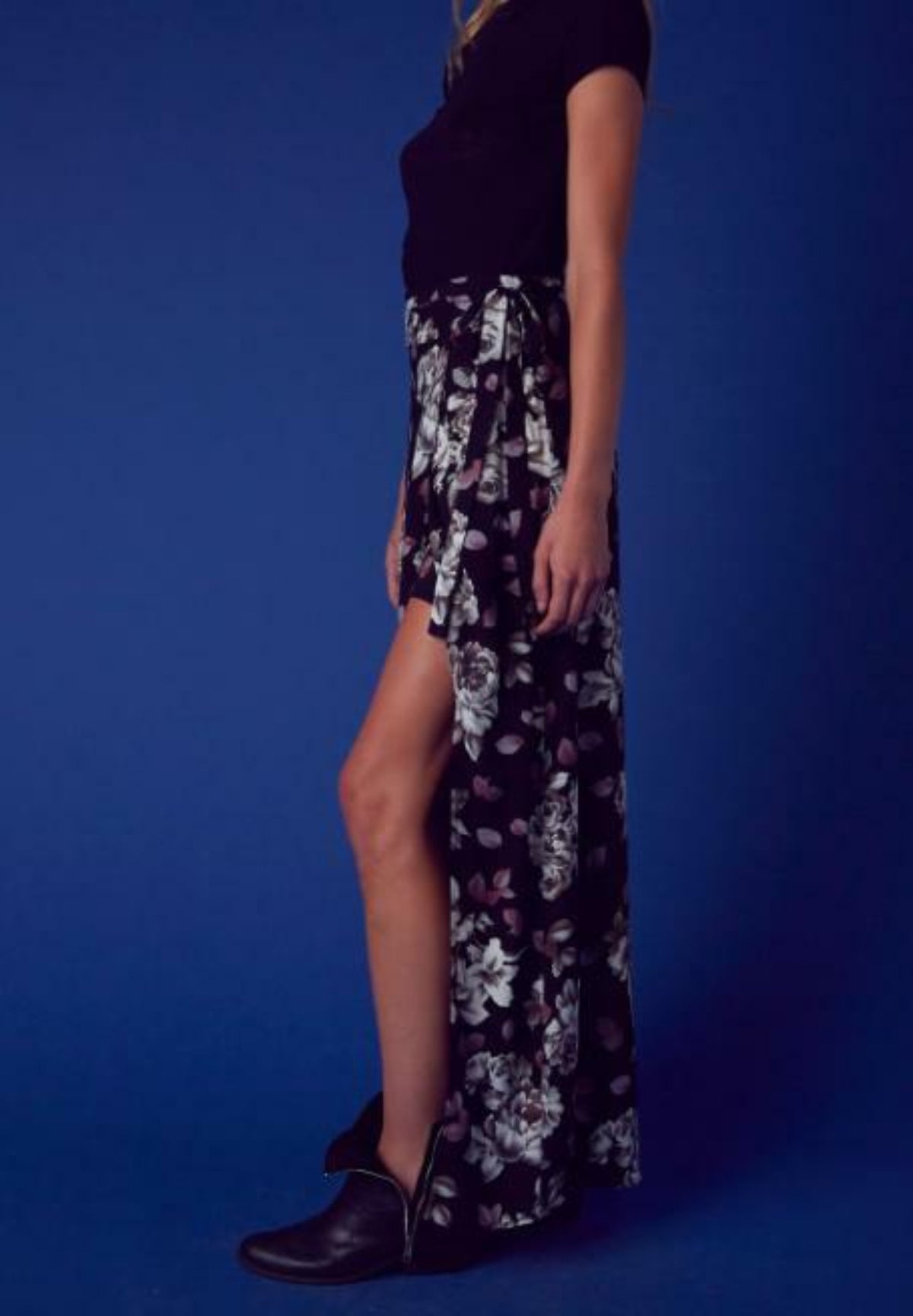 Let Go Black Floral Maxi Skirt side view