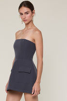 Charcoal grey strapless pocket mini dress with built-in shorts by Sky to Moon