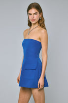 Functional side pockets on the Lara royal blue A-line mini skirt with built-in shorts