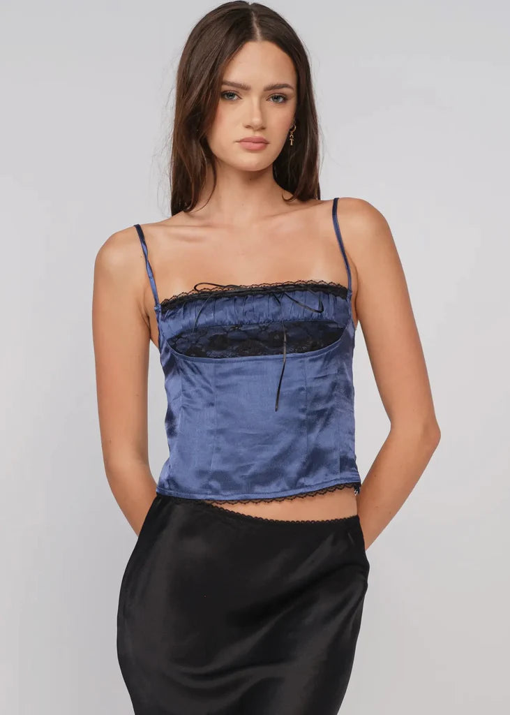 Navy Satin Lace Cami Top