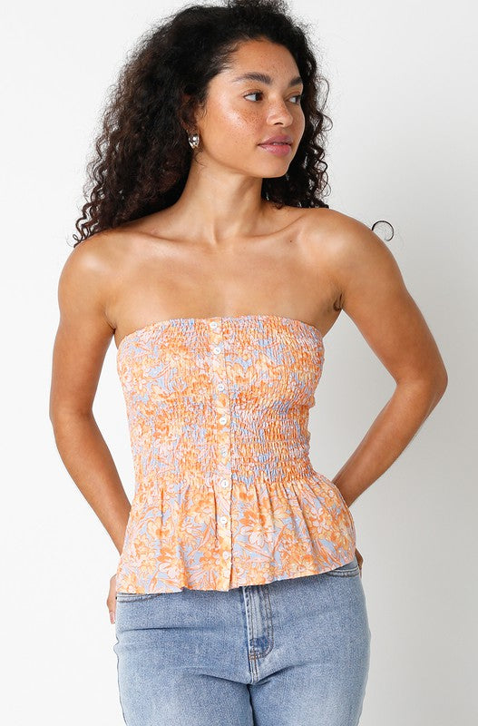 Orange Floral Smocked Tube Top