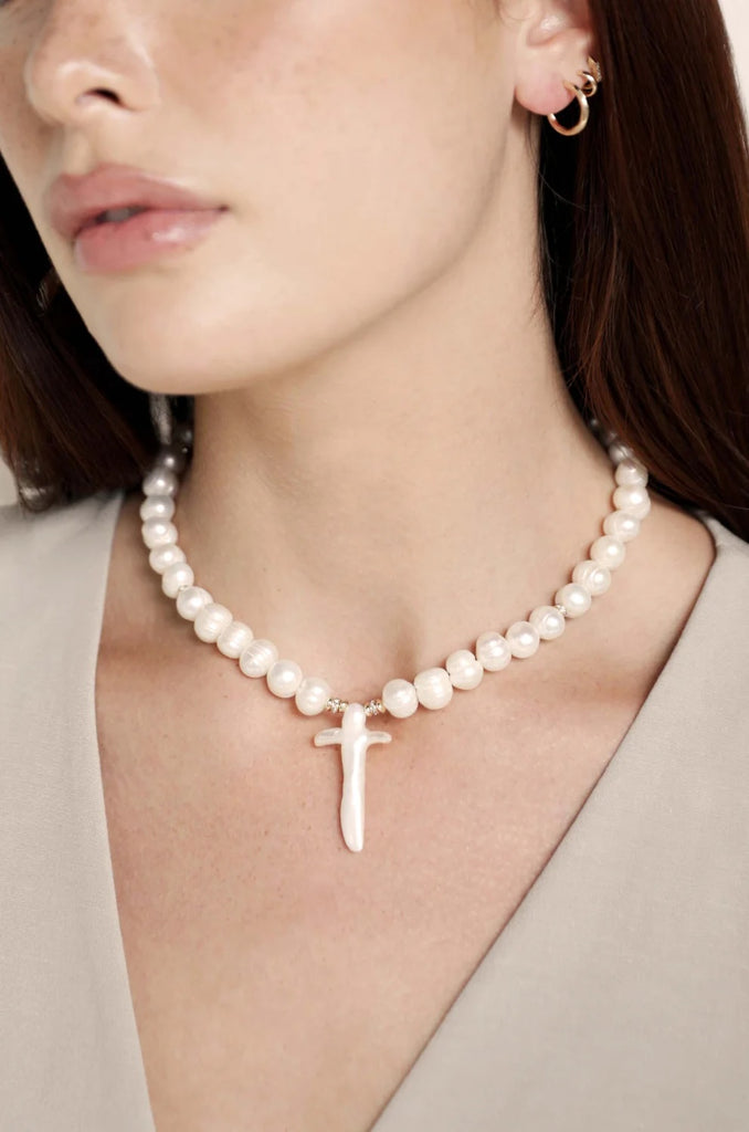 Ettika Organic Pearl Cross Necklace