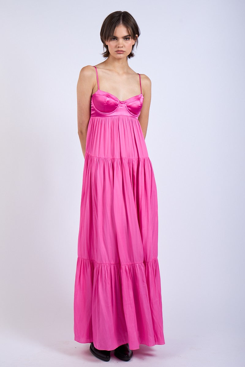 Flowy pink tiered maxi dress for formal evening celebrations.