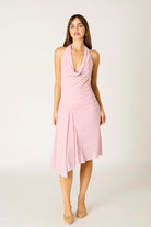 pink halter draped dress front view