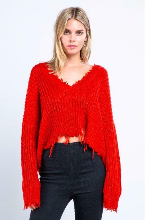 Red Cropped Distressed Sweater