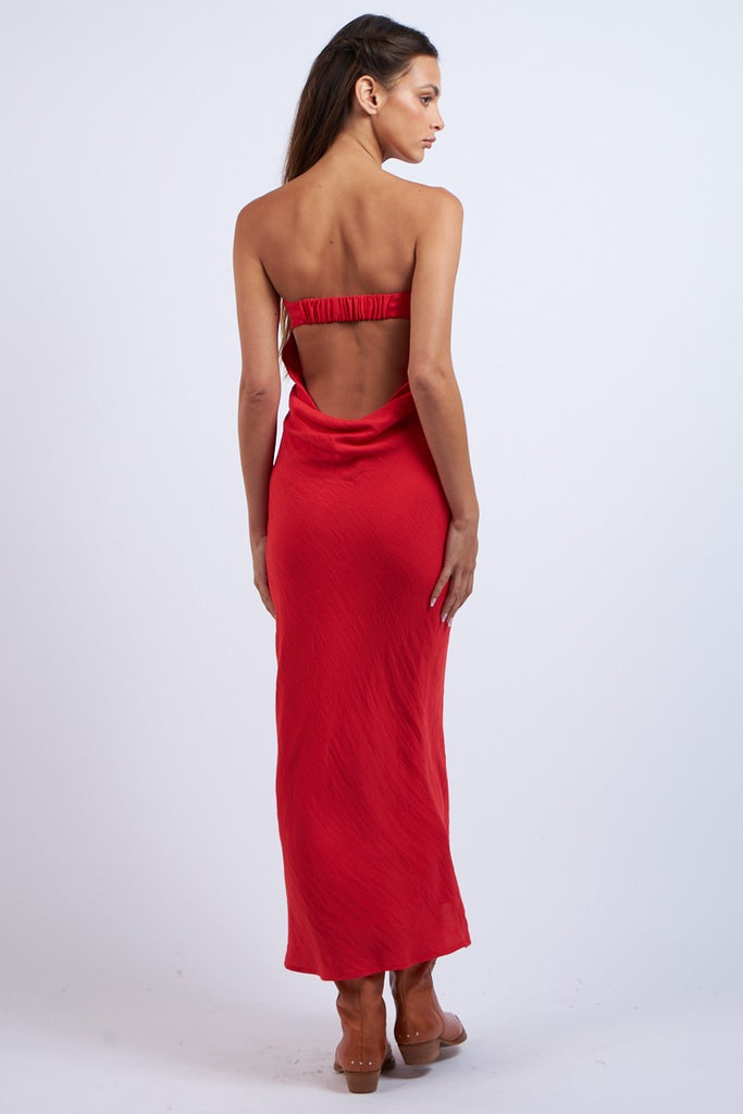 Red Strapless Cowl Back Maxi Dress