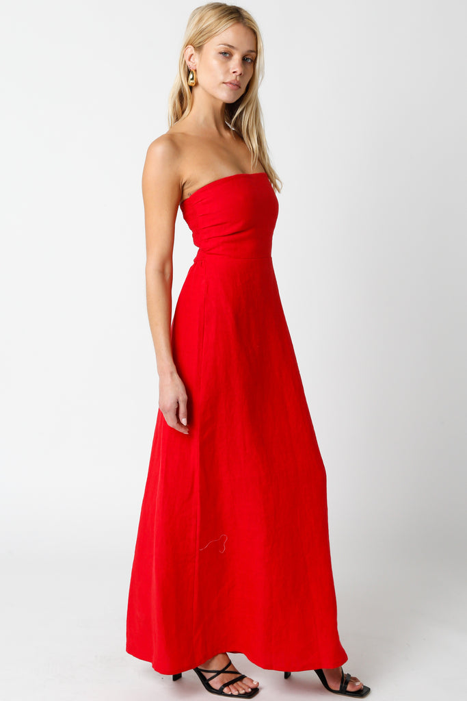 Red Strapless Linen Maxi Dress