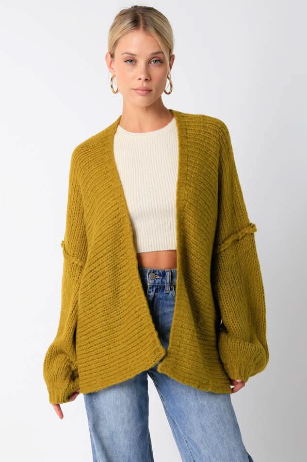 Serena Olive Puff Sleeve Cardigan Sweater - Front View