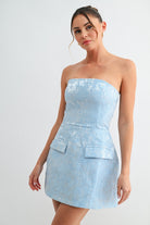 Front view of strapless light blue jacquard mini dress