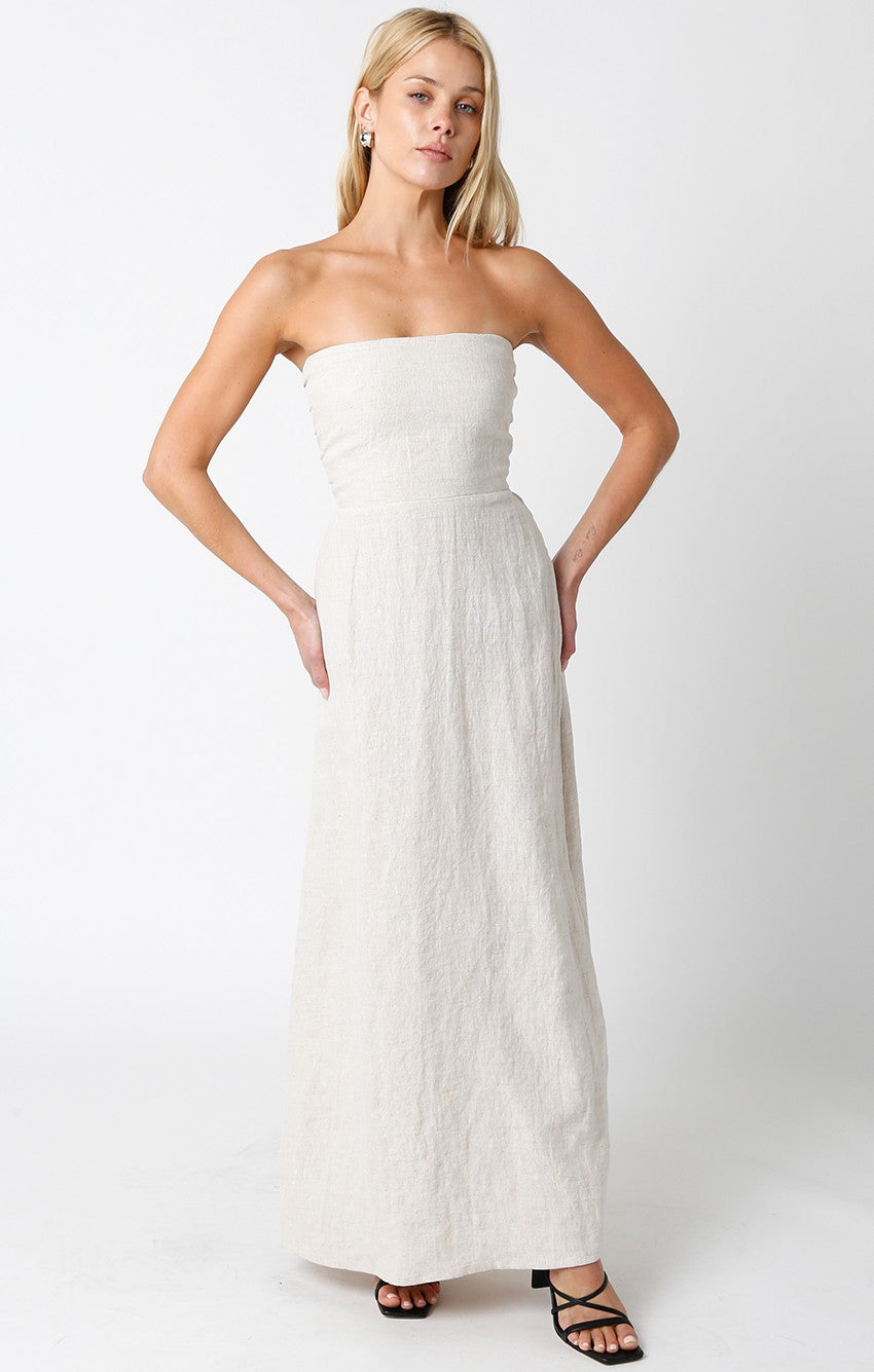 Beige Linen Strapless Maxi Dress