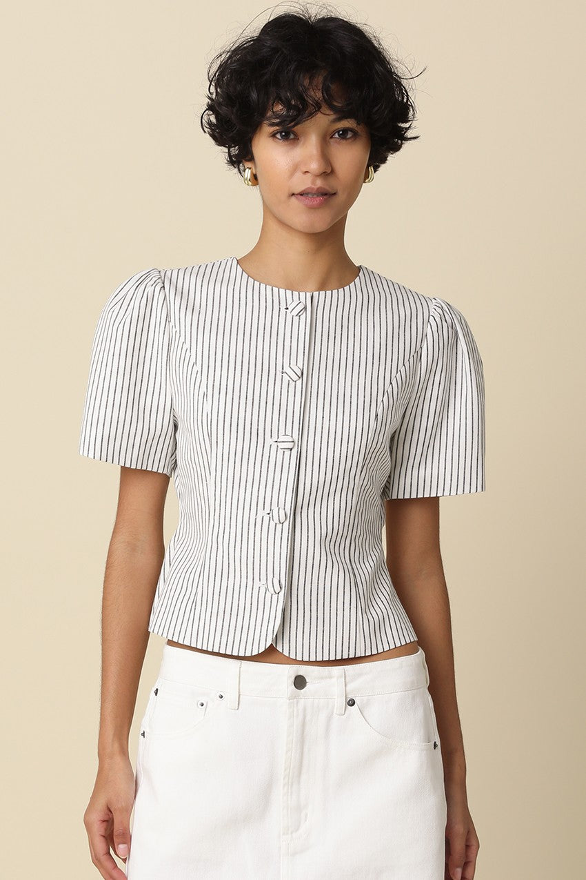 white and black stripped puff sleeve top front view