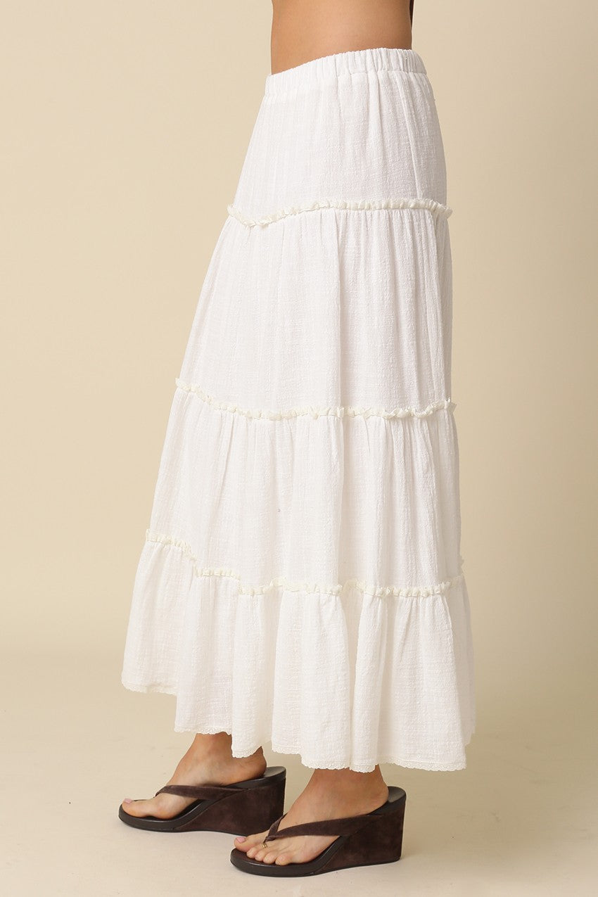 White cotton tiered maxi skirt with elastic pull-on waistband