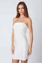 Front view of Taylor white strapless mini dress with a strait neckline