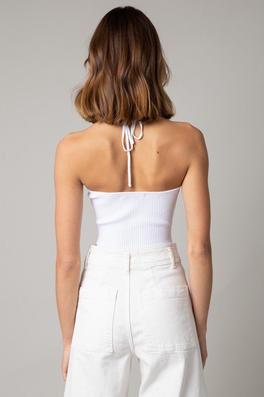 White Ribbed Knit Halter Top