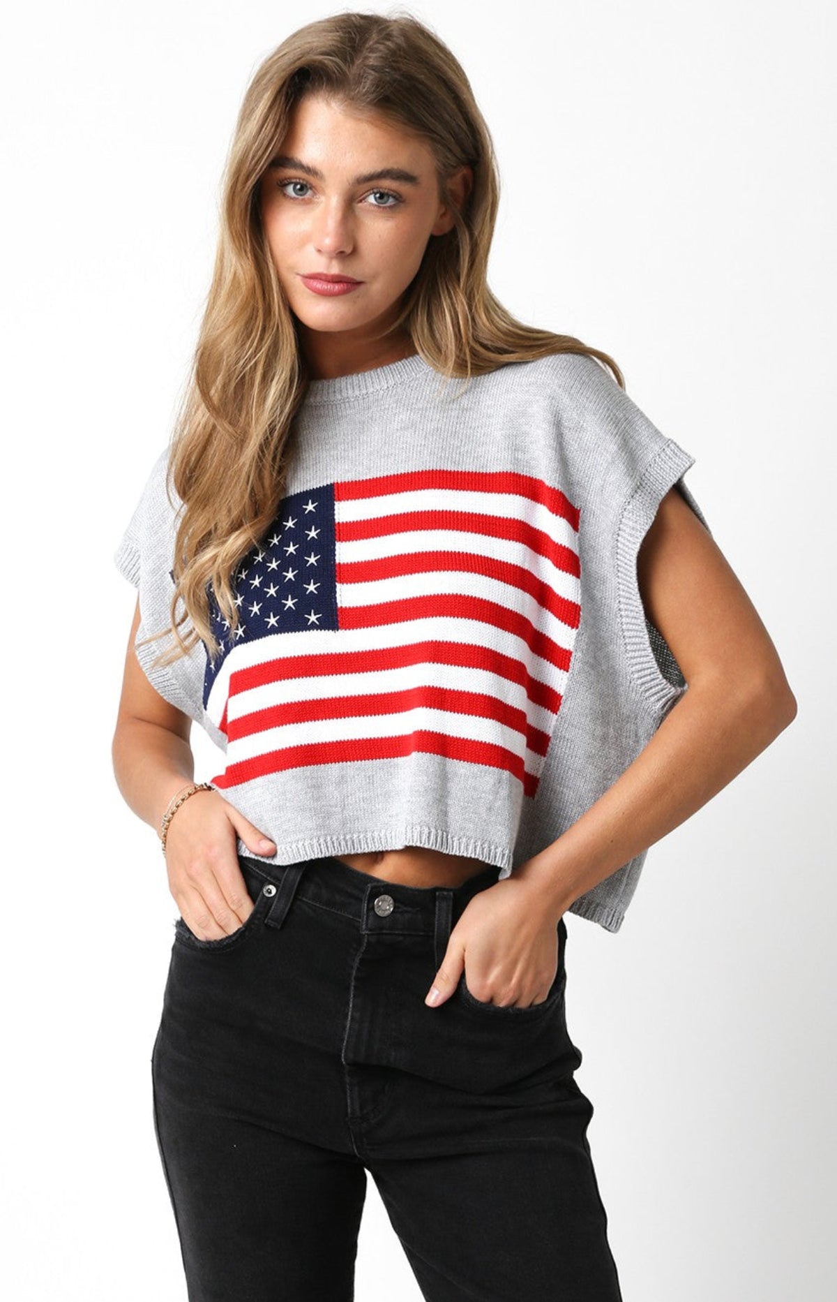 Grey American Flag Sweater Top front
