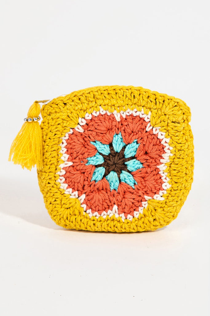 Yellow Crochet Knit Flower Coin Purse
